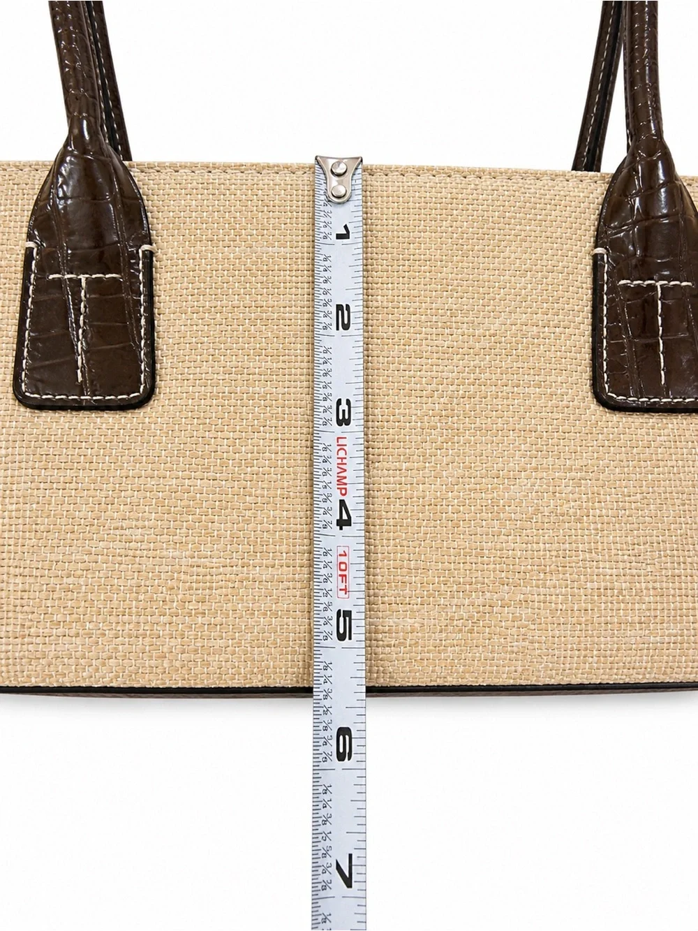 Tommy Hilfiger Straw Tote Brown Croc Embossed Leather Trim Shoulder Bag - Picture 10 of 12
